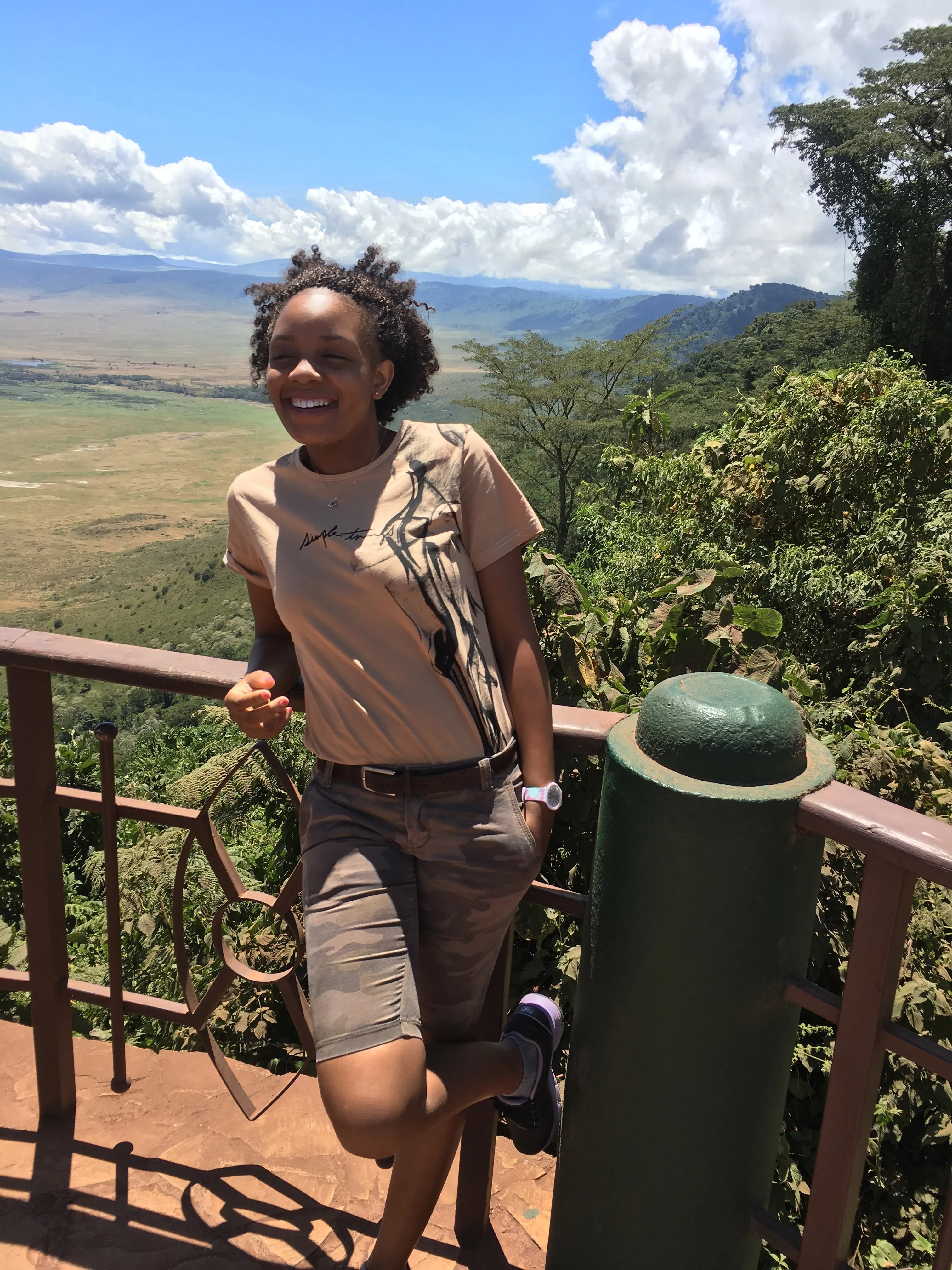 Vio at the Ngorongoro viewpoint looking toward the Serengeti route